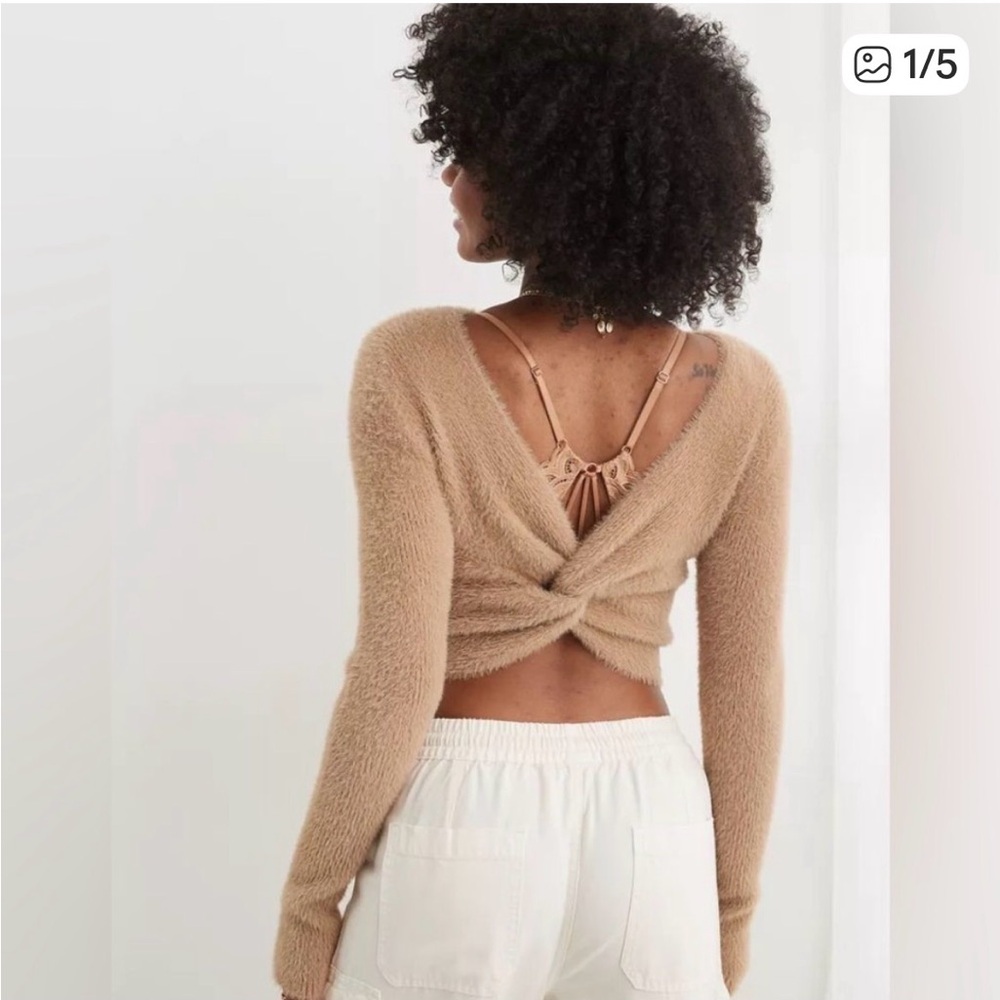 Aerie twist fuzzy camel sweater